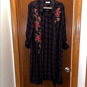 STYLE & CO/ MACYS STUNNING OPEN BLACK/GRAY EMBROIDERED DUSTER EUC L